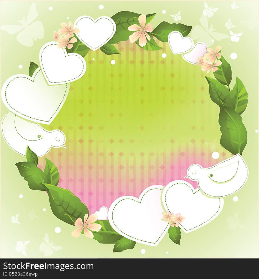 Spring background with paper hearts, doves and green realistic foliage. Blank space for your message. Spring background with paper hearts, doves and green realistic foliage. Blank space for your message.