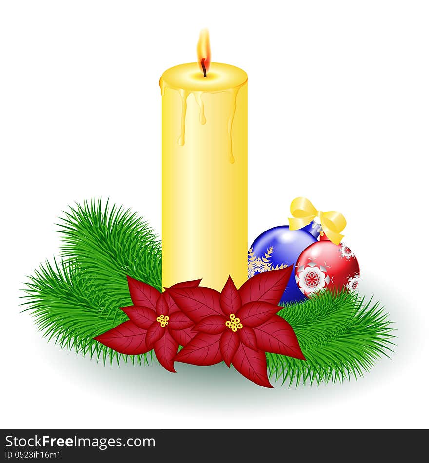 Christmas candle with decorative balls and poinsettia