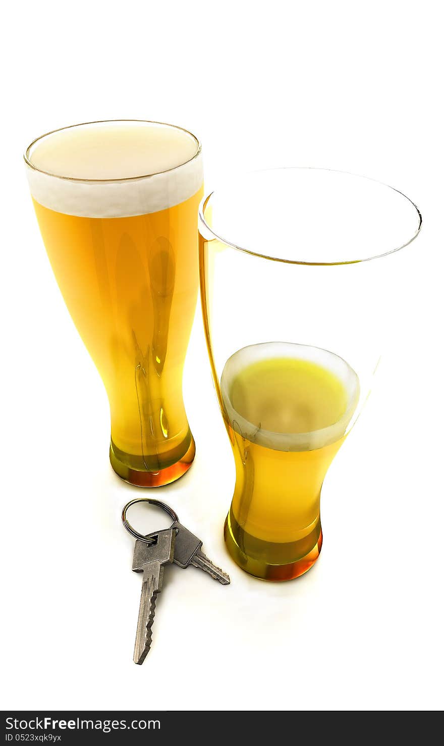 One and a half beers with car keys isolated on a white background. One and a half beers with car keys isolated on a white background