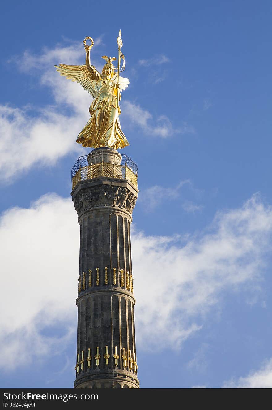 View of Berlin's famous Victory Column showing bronze sculpture of Victoria designed by Heinrich Strack. View of Berlin's famous Victory Column showing bronze sculpture of Victoria designed by Heinrich Strack