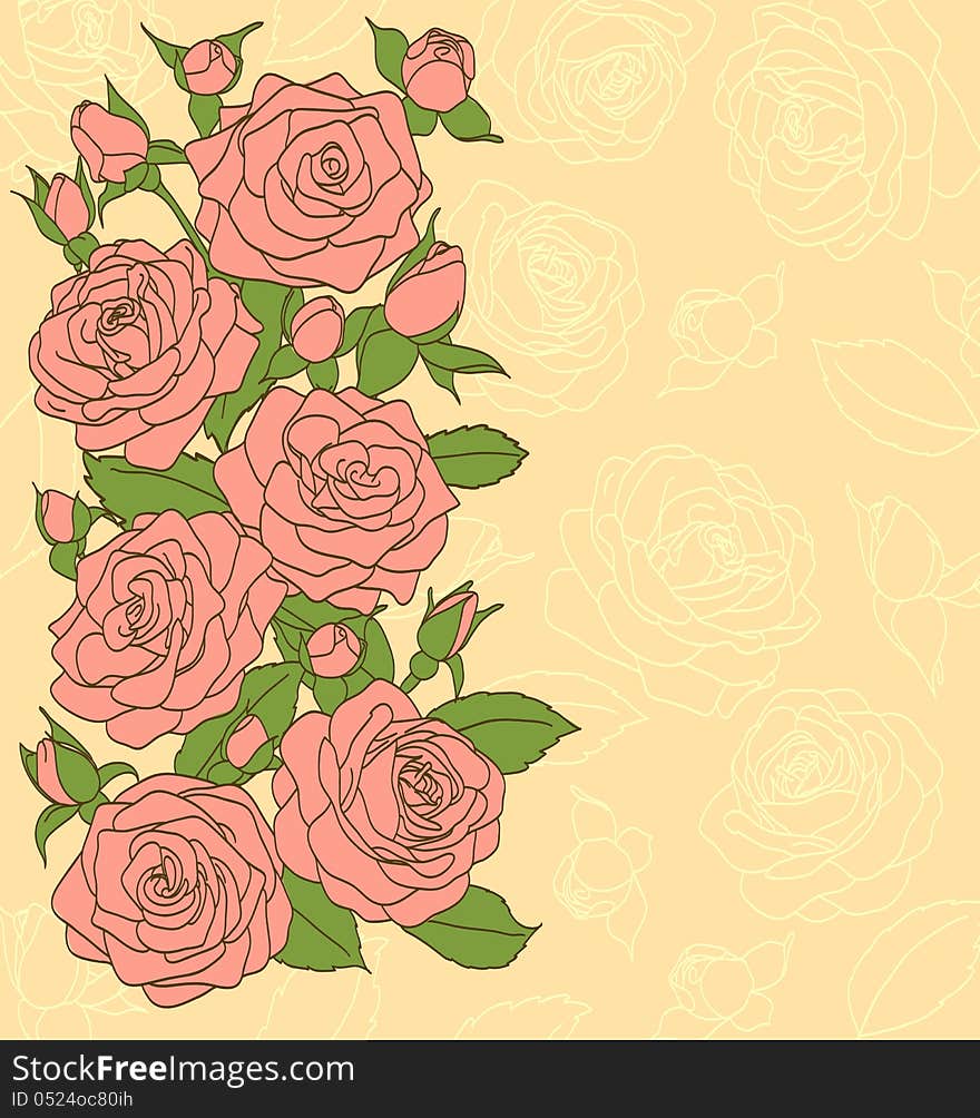 Flowers, Leaves And Buds Pink Roses. Painted In The Old Style. Suitable Background For Text And Postcards