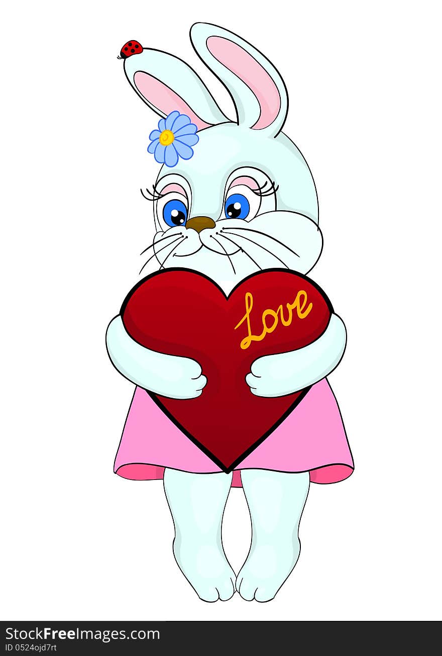 Cute white bunny holding in the paws of the heart, Postcard to the Valentine's Day and Mother's Day