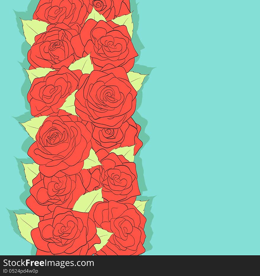 Background in retro style. Using the old colors. Red roses and green leaves. antiquity