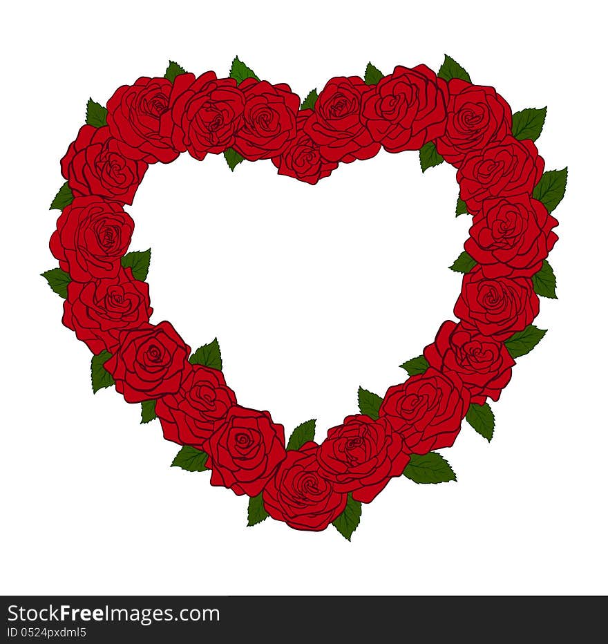 The frame in the form of a silhouette of the heart, bordered with flowers roses and leaves. Great item for card designs. The frame in the form of a silhouette of the heart, bordered with flowers roses and leaves. Great item for card designs