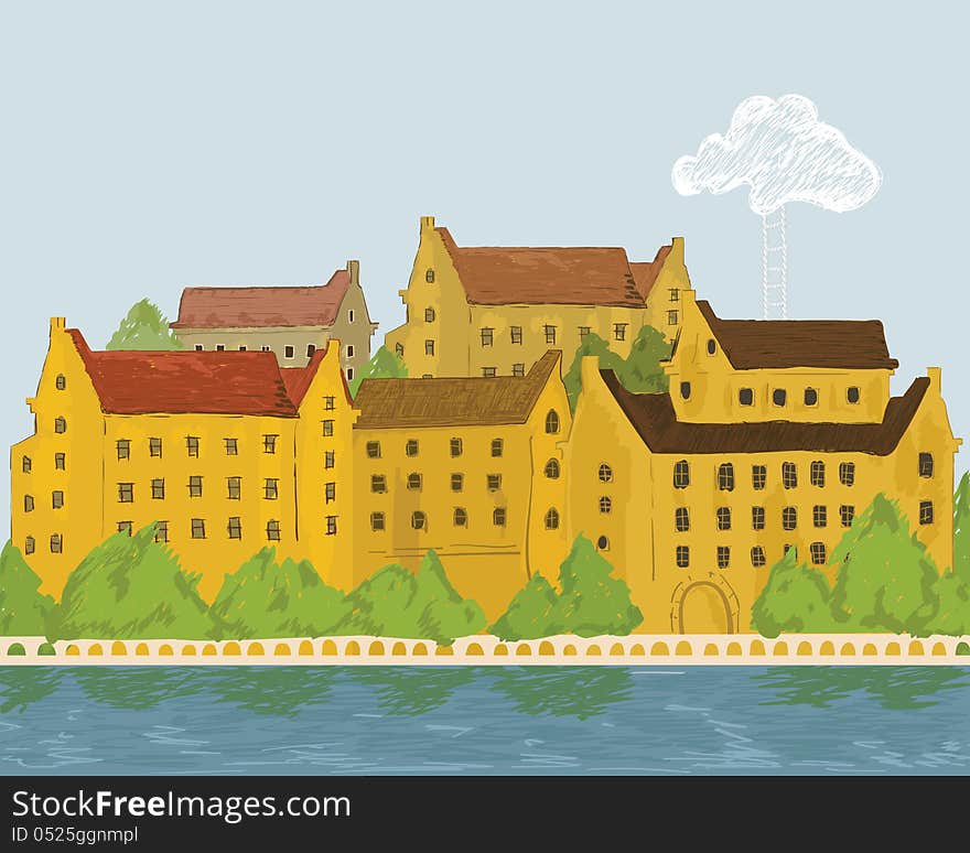 Beautiful old city view - hand drown vector illustration