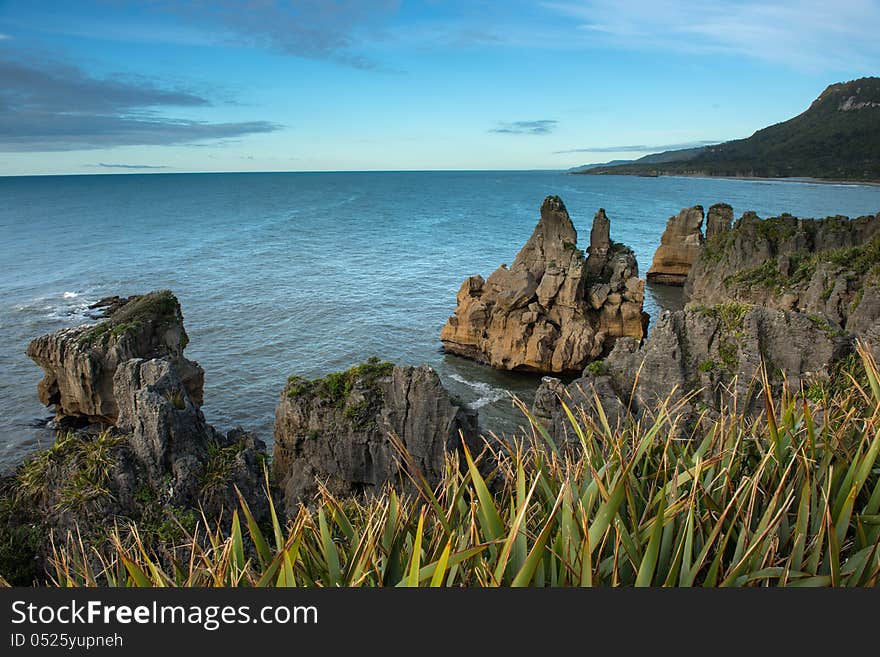 In the evening at Pancake rock, Punakaki national park, New Zealand. In the evening at Pancake rock, Punakaki national park, New Zealand.