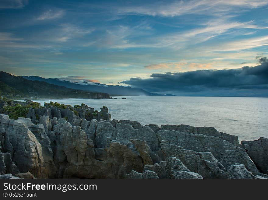 In the evening at Pancake rock, Punakaki national park, New Zealand. In the evening at Pancake rock, Punakaki national park, New Zealand.