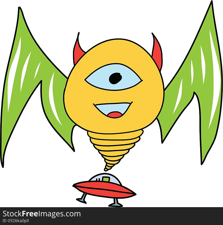 Smiling Monster with UFO lost in space . Over white background