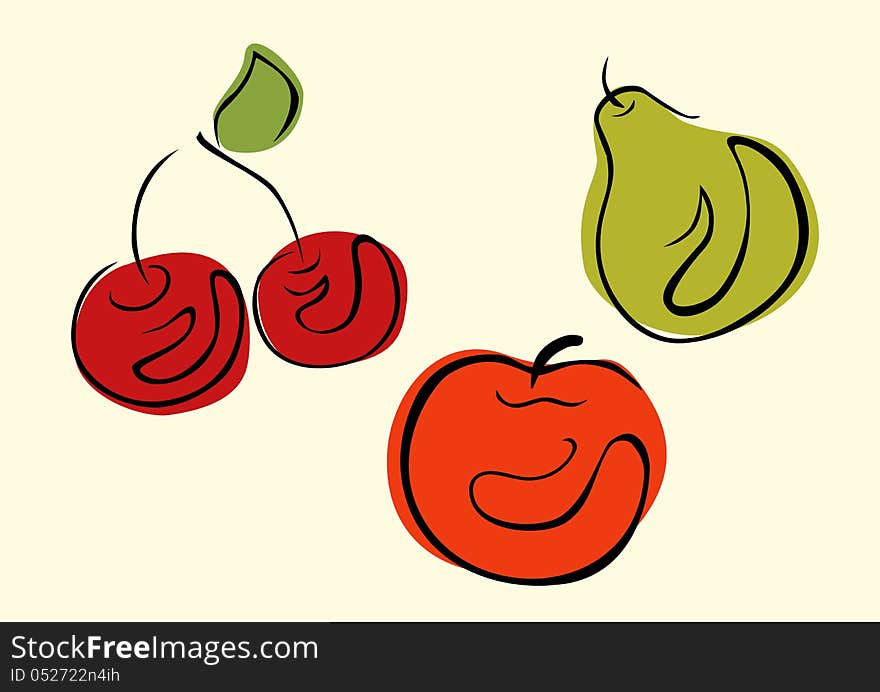 Simple cartoon-stylized illustrations of cherries, apple and pear. Simple cartoon-stylized illustrations of cherries, apple and pear