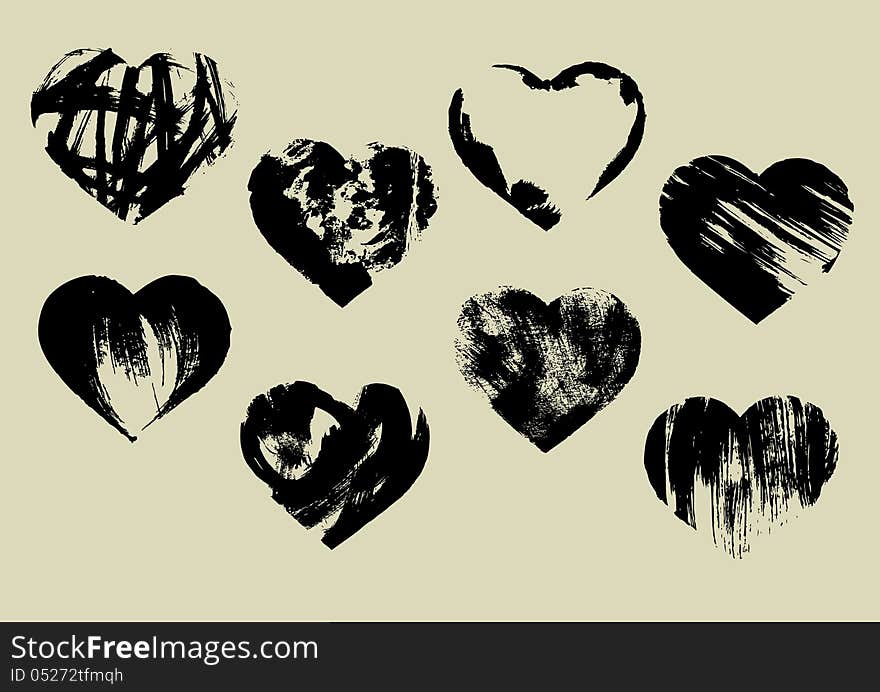 Black imprinted grunge heart shapes. Black imprinted grunge heart shapes