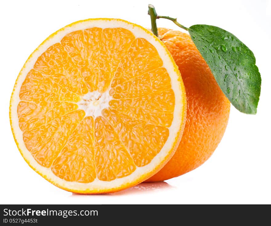 Orange with leaf on a white background. Orange with leaf on a white background.