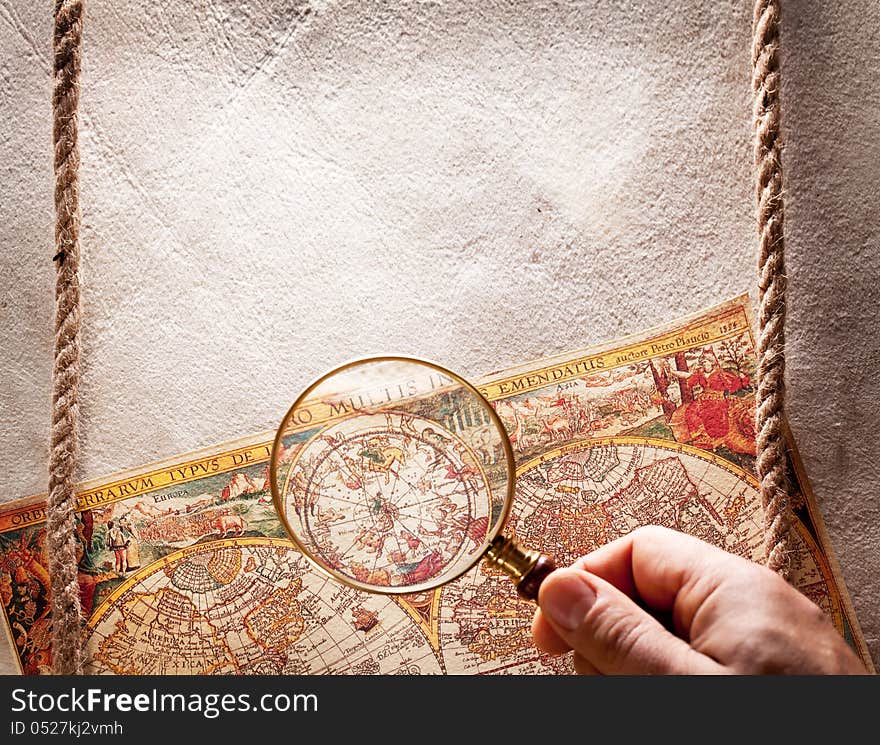 Viewed through a magnifying glass on the old map. Viewed through a magnifying glass on the old map.