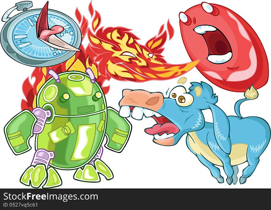 The Illustration shows famous internet browsers mascots, looking and screaming one to each other. They looks like animal and symbols mascots. Among them blue screaming donkey, flame smiling fox, green robot, red screaming letter and bird like compass. The characters are on separate layers in a cartoon style. The Illustration shows famous internet browsers mascots, looking and screaming one to each other. They looks like animal and symbols mascots. Among them blue screaming donkey, flame smiling fox, green robot, red screaming letter and bird like compass. The characters are on separate layers in a cartoon style.