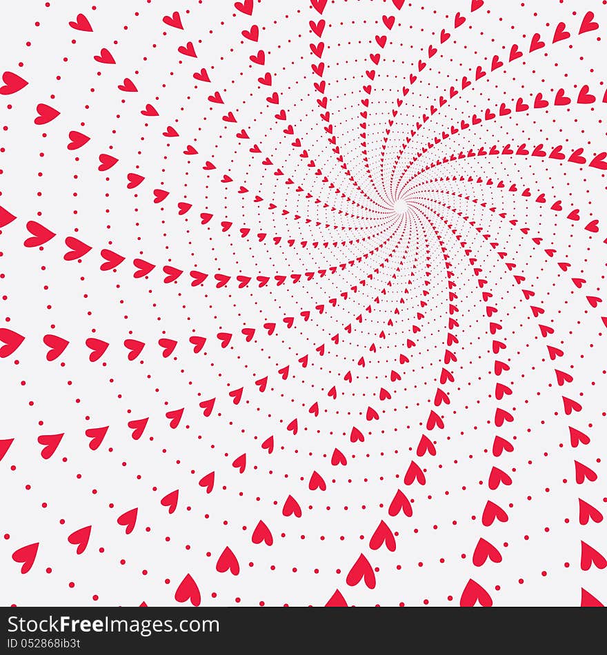 Funnnel of twisting and spinning rotating hearts of varied size, vector valentines background. Funnnel of twisting and spinning rotating hearts of varied size, vector valentines background