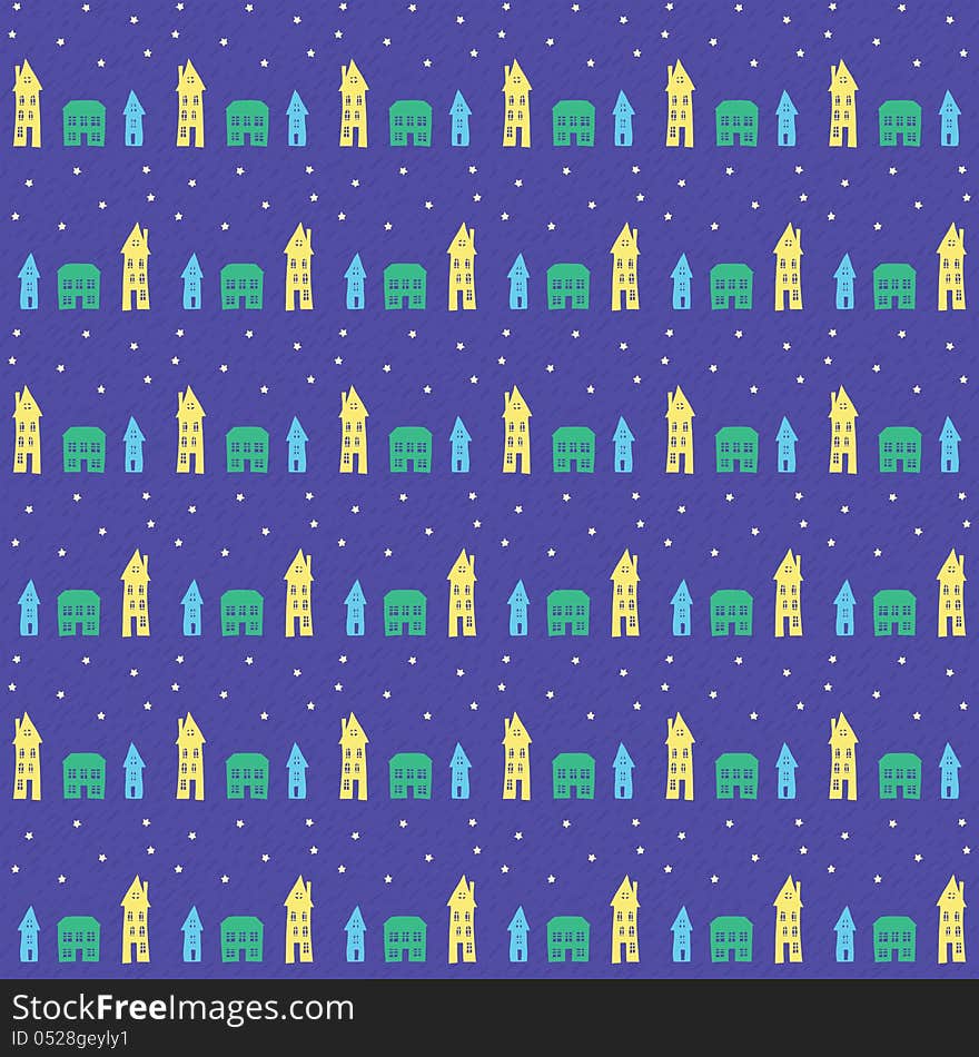 Seamless pattern with little colorful houses like a village or small town at night. Seamless pattern with little colorful houses like a village or small town at night