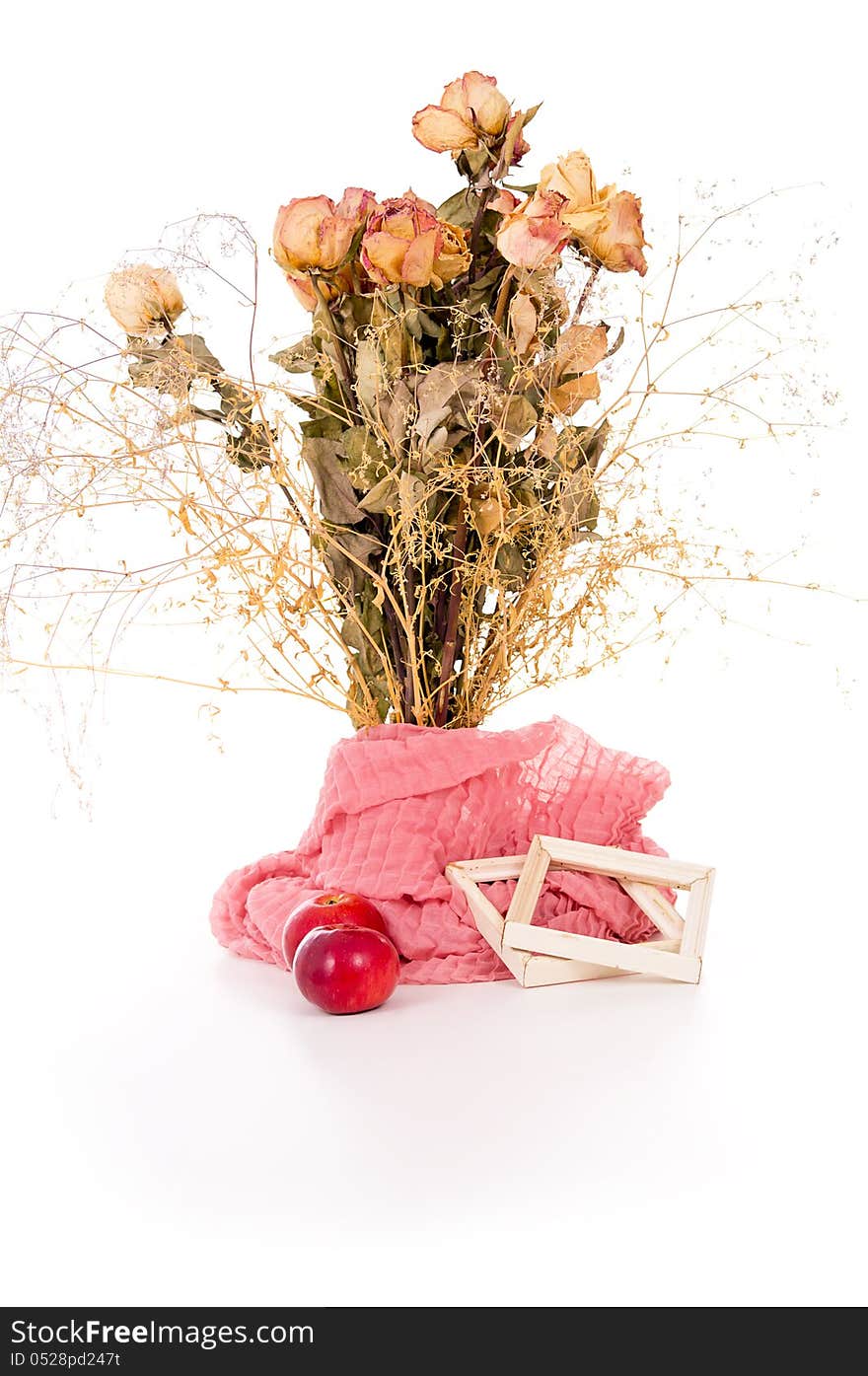 Vase With Dry Flowers And Apples Isolated