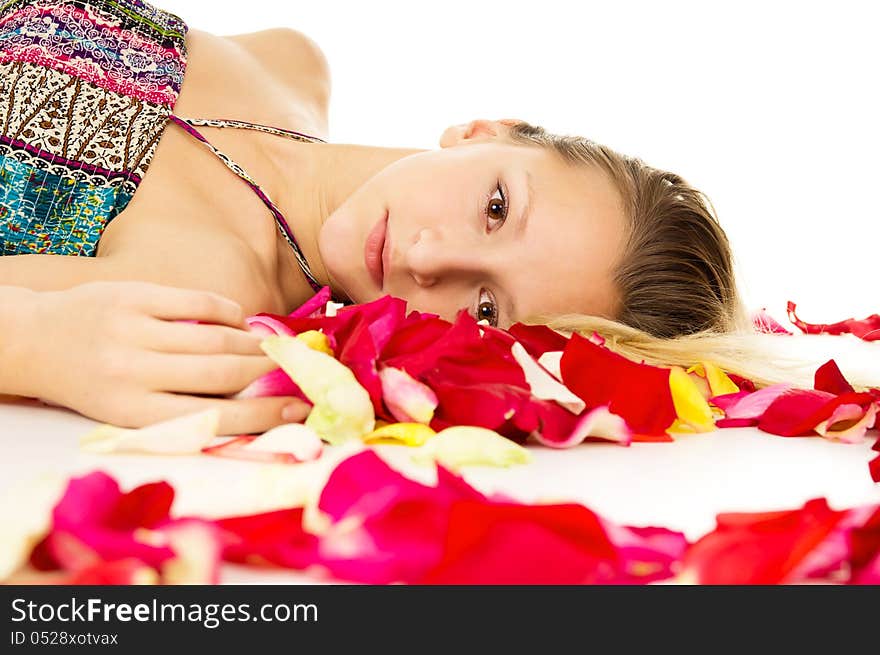 Portrait of a beautiful girl with rose petals. Portrait of a beautiful girl with rose petals