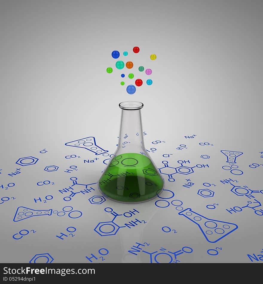 3D model of glass test tube with green liquid and bubbles on chemical diagram