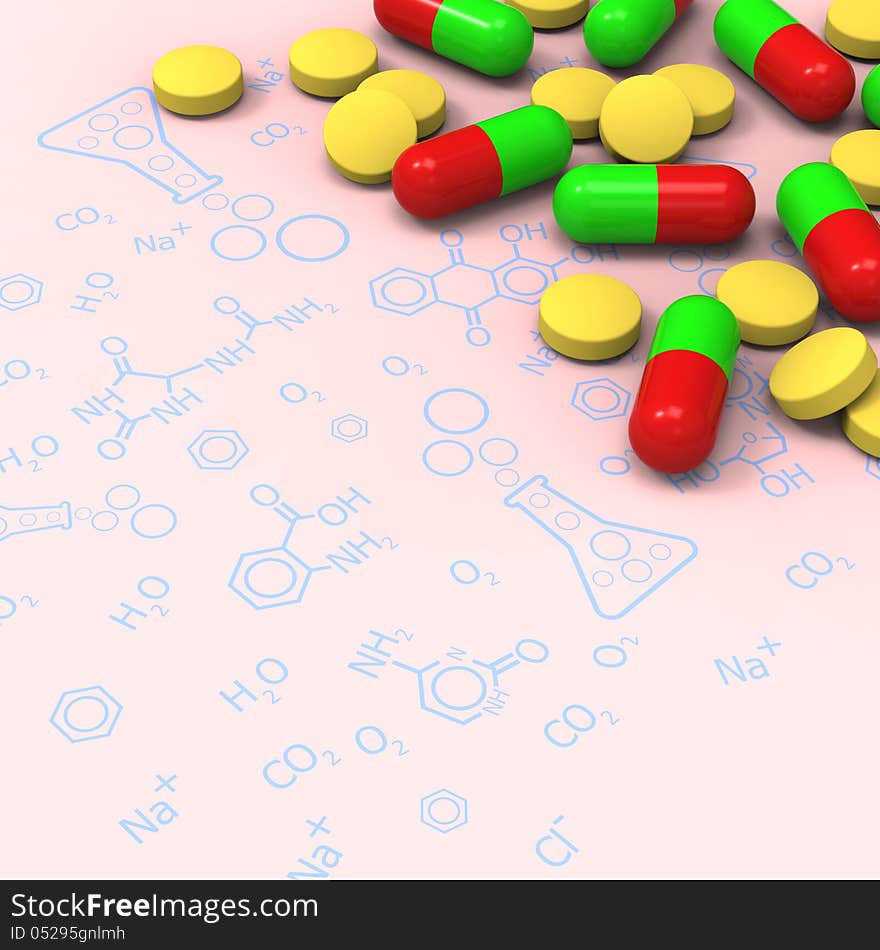 3D model of yellow pills and red green capsules on chemical diagram. 3D model of yellow pills and red green capsules on chemical diagram