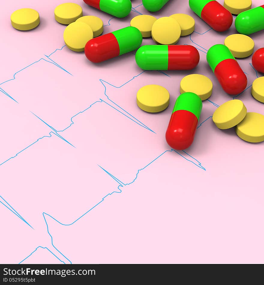 3D model of yellow pills and red green capsules on abnormal electrocardiogram (ECG) report. 3D model of yellow pills and red green capsules on abnormal electrocardiogram (ECG) report