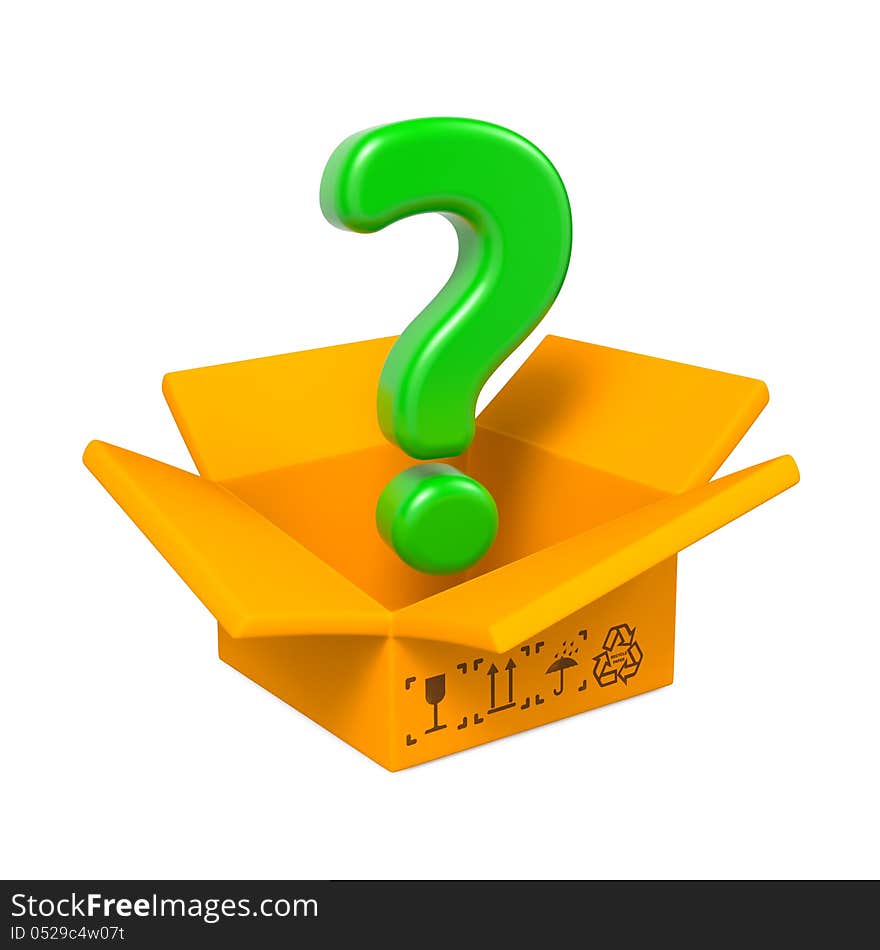 Cartoon Box With Question Mark. Isolated On White.