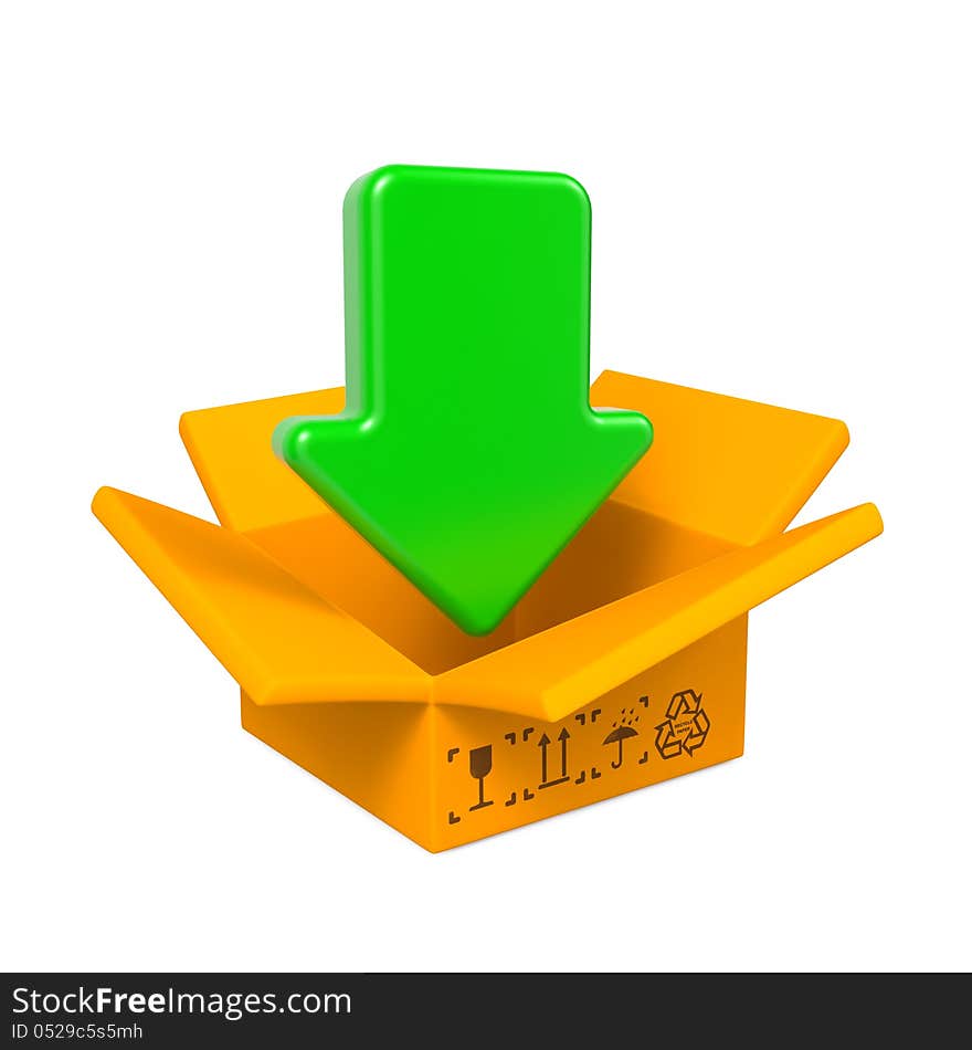 Open Color Cardboard Box with Green Arrow. For Design. Open Color Cardboard Box with Green Arrow. For Design.