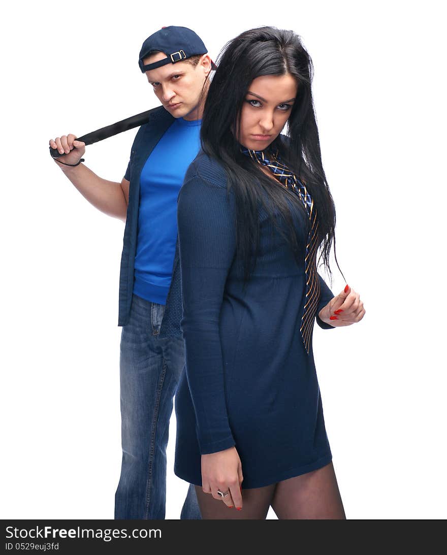 Angry men with police stick and his girlfriend on white background. Angry men with police stick and his girlfriend on white background