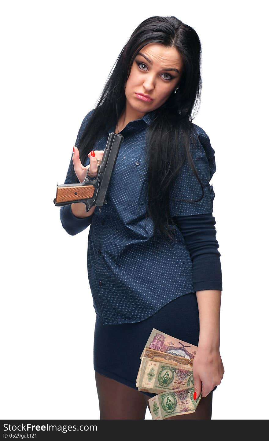 Young girl with pistol and old money on a white background. Young girl with pistol and old money on a white background