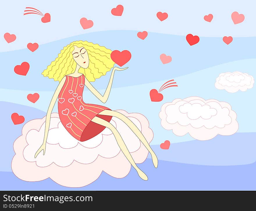 Beautiful young lady sitting on a cloud under hearts rain. Beautiful young lady sitting on a cloud under hearts rain.