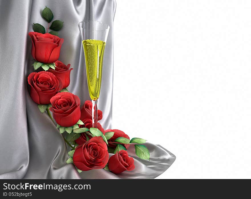 Isolate holiday background with roses, glass and fabric