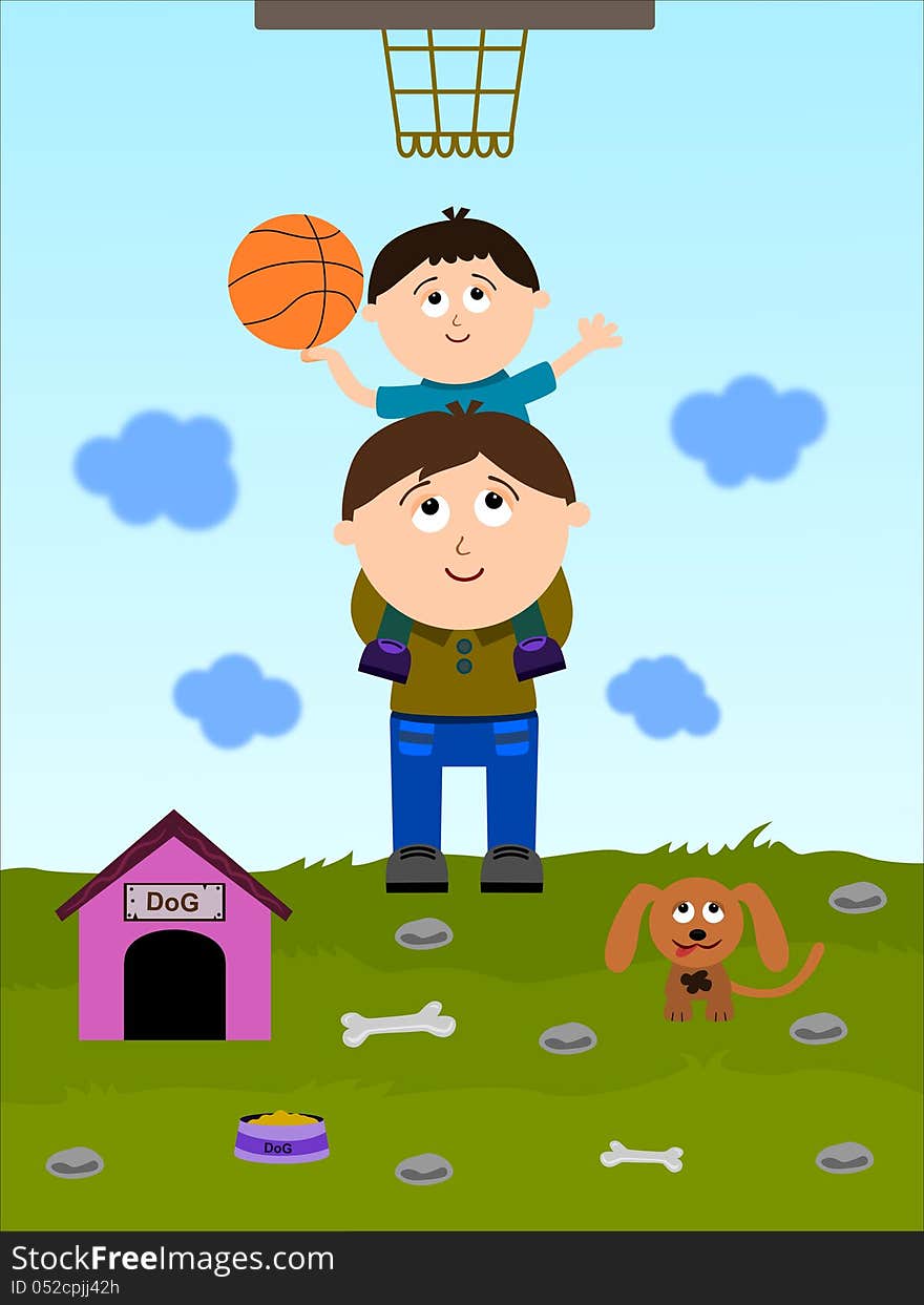 An illustration of a father lifting his son on his shoulder to shoot a basketball. An illustration of a father lifting his son on his shoulder to shoot a basketball