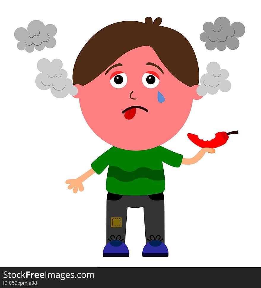 A young man with a tear, a red face, and smokes coming from his ears after having a bite on a chili pepper. A young man with a tear, a red face, and smokes coming from his ears after having a bite on a chili pepper