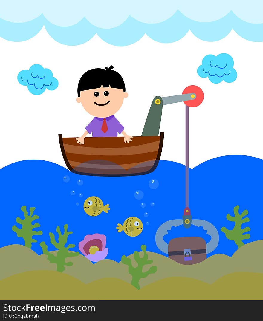 A cartoon business man in the sea is lifting a treasure chest with his boat. A cartoon business man in the sea is lifting a treasure chest with his boat