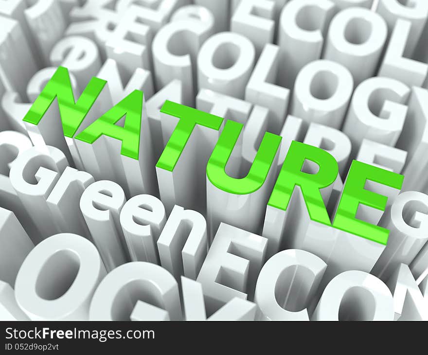 Nature Green Word. Inscription of Green Color Located over Text of White Color. Nature Green Word. Inscription of Green Color Located over Text of White Color.