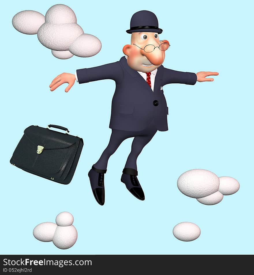 The businessman under clouds. Dreams of wellbeing.