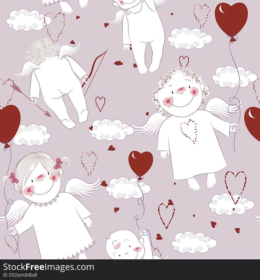 Angels with hearts shaped balloons on clouds background. Vector illustration. Angels with hearts shaped balloons on clouds background. Vector illustration