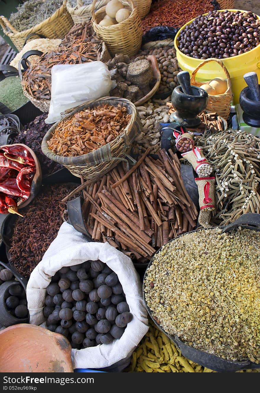 Sale of various nuts and spices in canvas bags in east market. Sale of various nuts and spices in canvas bags in east market