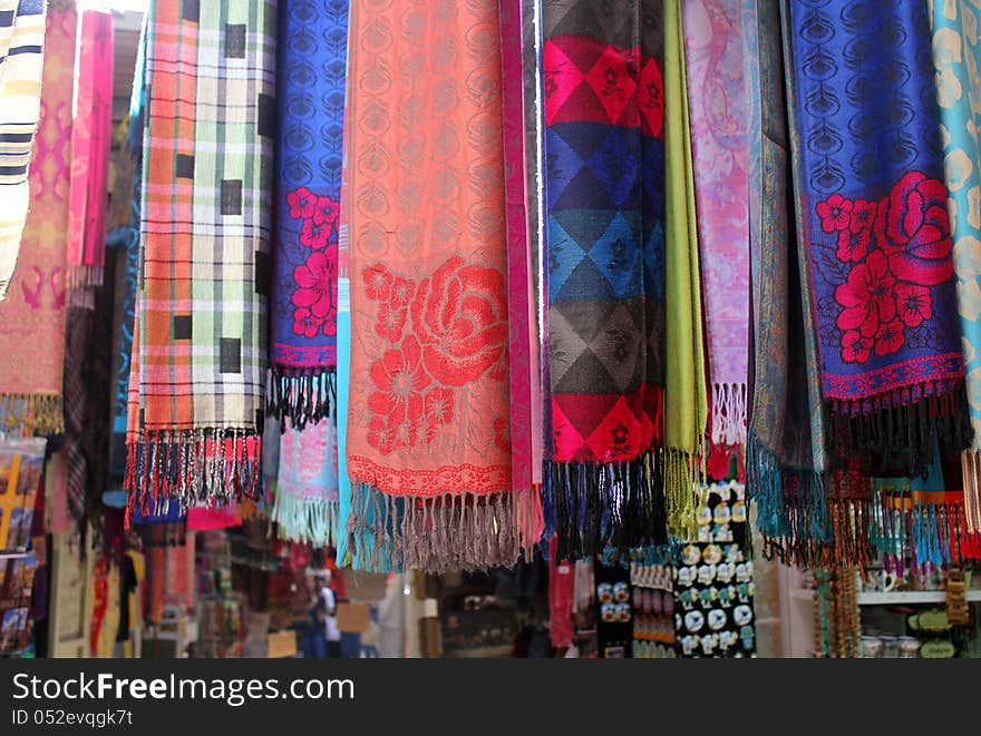 Colorful scarves at arabian market in Nazareth , Israel. Colorful scarves at arabian market in Nazareth , Israel