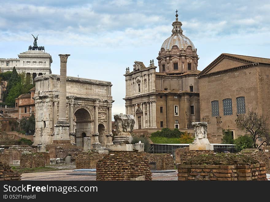 Ancient ruins of the Roman Forum, washed by rain, Rome, Italy