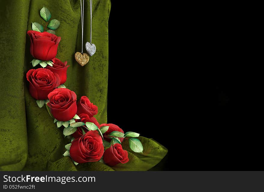 Isolate holiday background with roses, jewellery and fabric