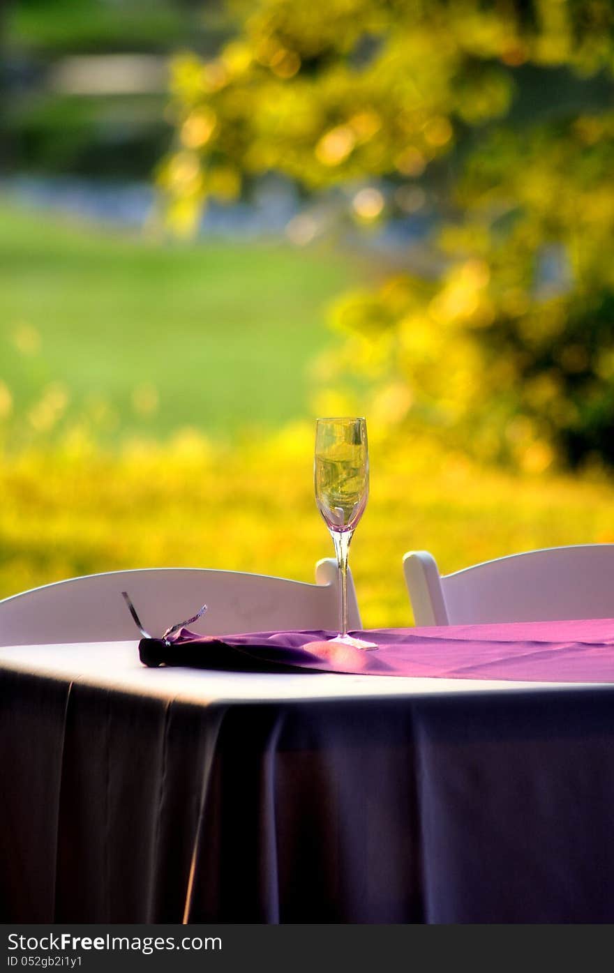 A wine glass on a table with white chairs and a purple table cloth with trees and a lake in the background