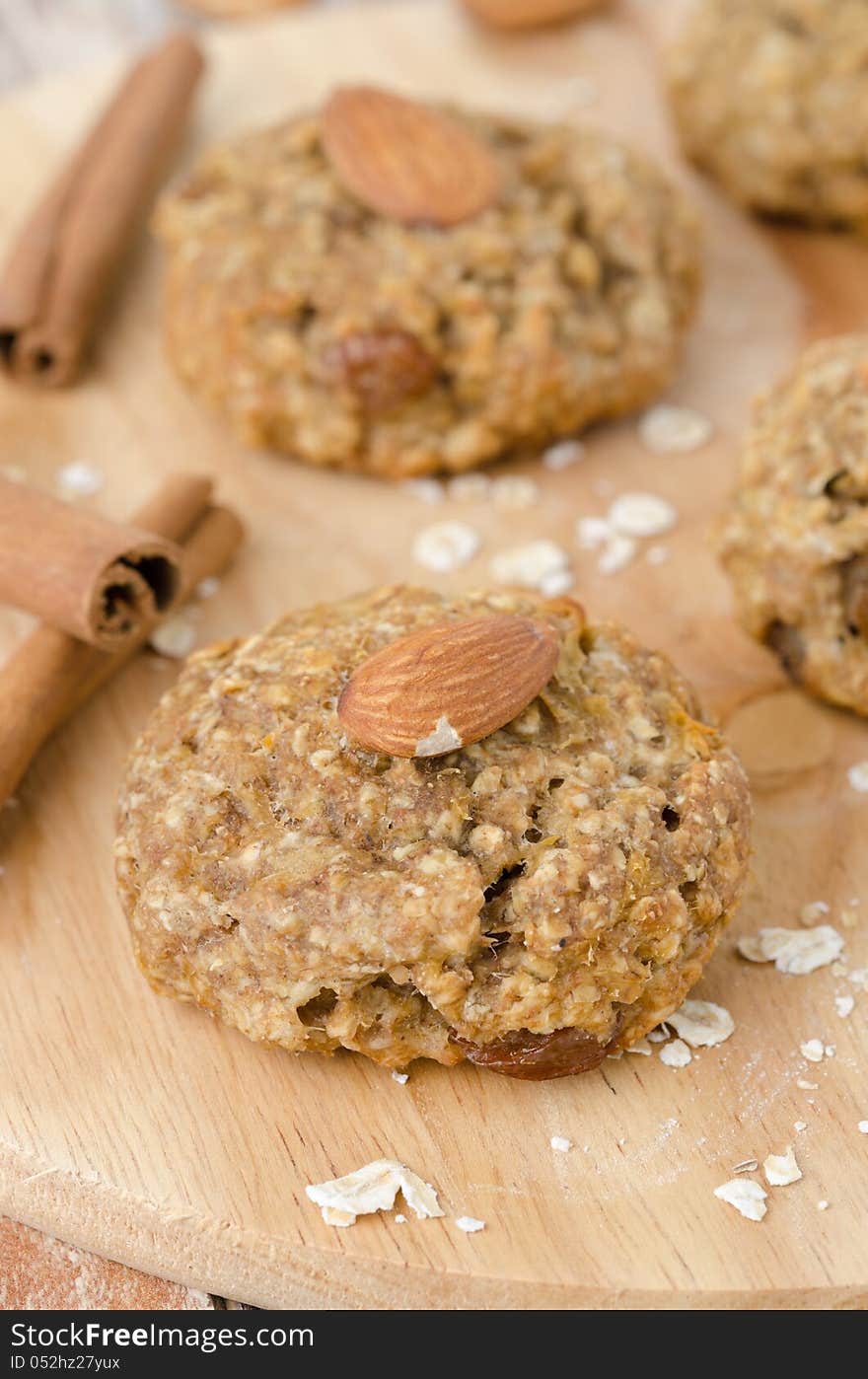 Homemade oatmeal cookies with spices and nuts closeup