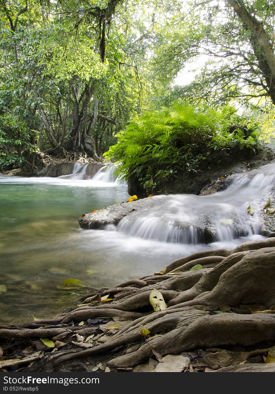 Waterfall named Jed Sao Noi waterfall, Saraburi Province, Thailand.