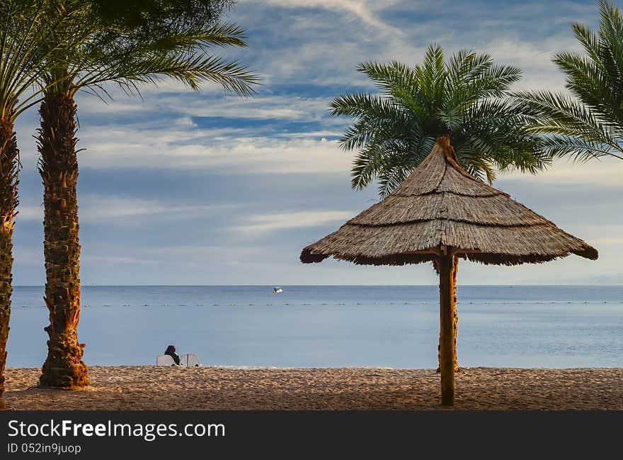 View on the gulf of Aqaba from sandy beach of Eilat