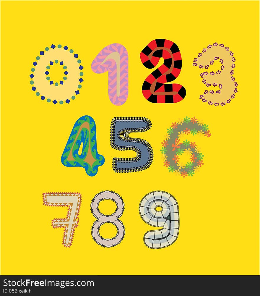 Funny vector numbers on yellow background