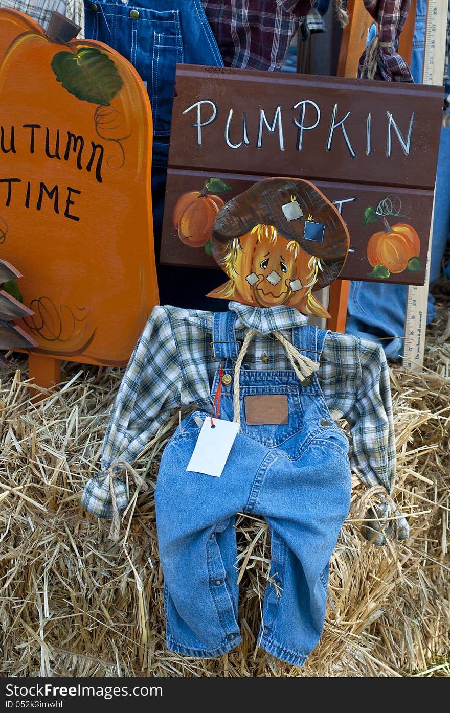 Colorful wooden scarecrow stands on display.