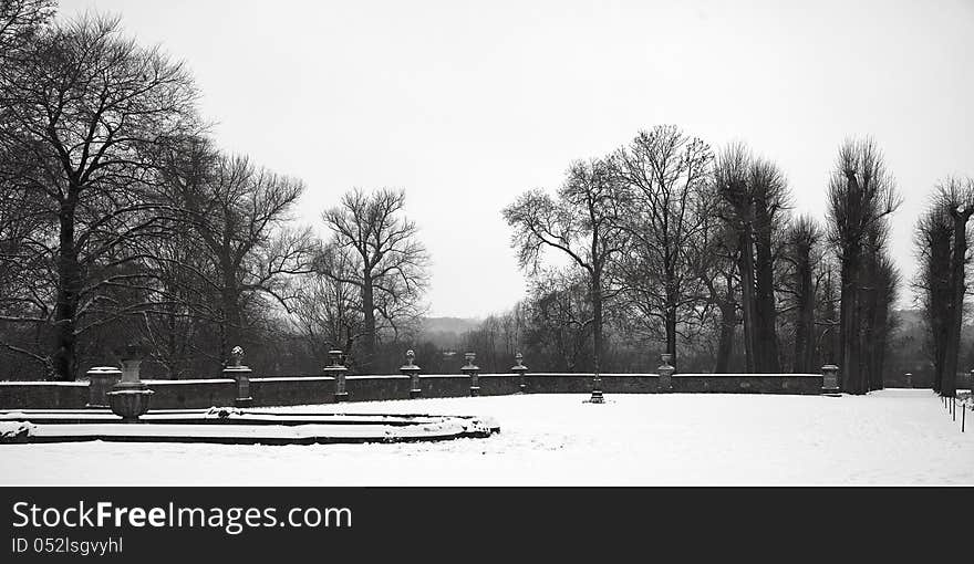 Castle Garden With Classic Ornaments In The Snow