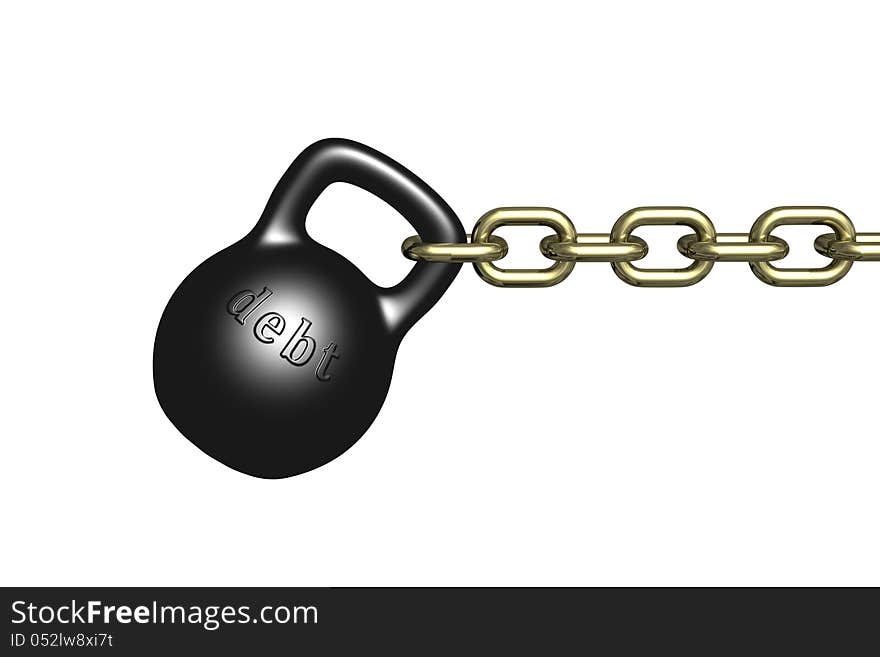 Black dumbbell weights with a gold chain isolated on white background