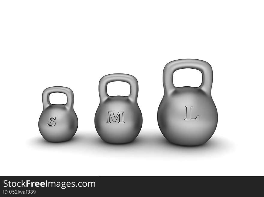 Three dumbbell weights of different sizes on a white background