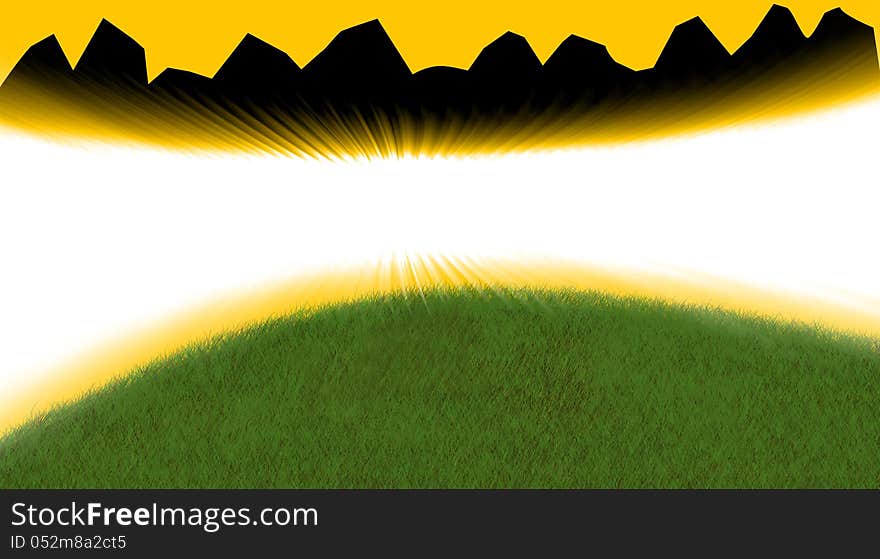 Mountains shined with the sun and under them the green hill from a grass is visible. Mountains shined with the sun and under them the green hill from a grass is visible